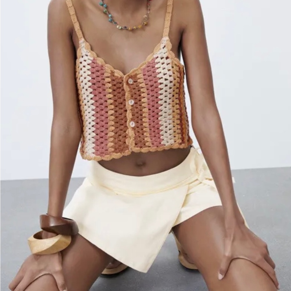 ZARA NWT Knit Multicolor BoHo Striped Crochet Crop Top SS21 Unlined
